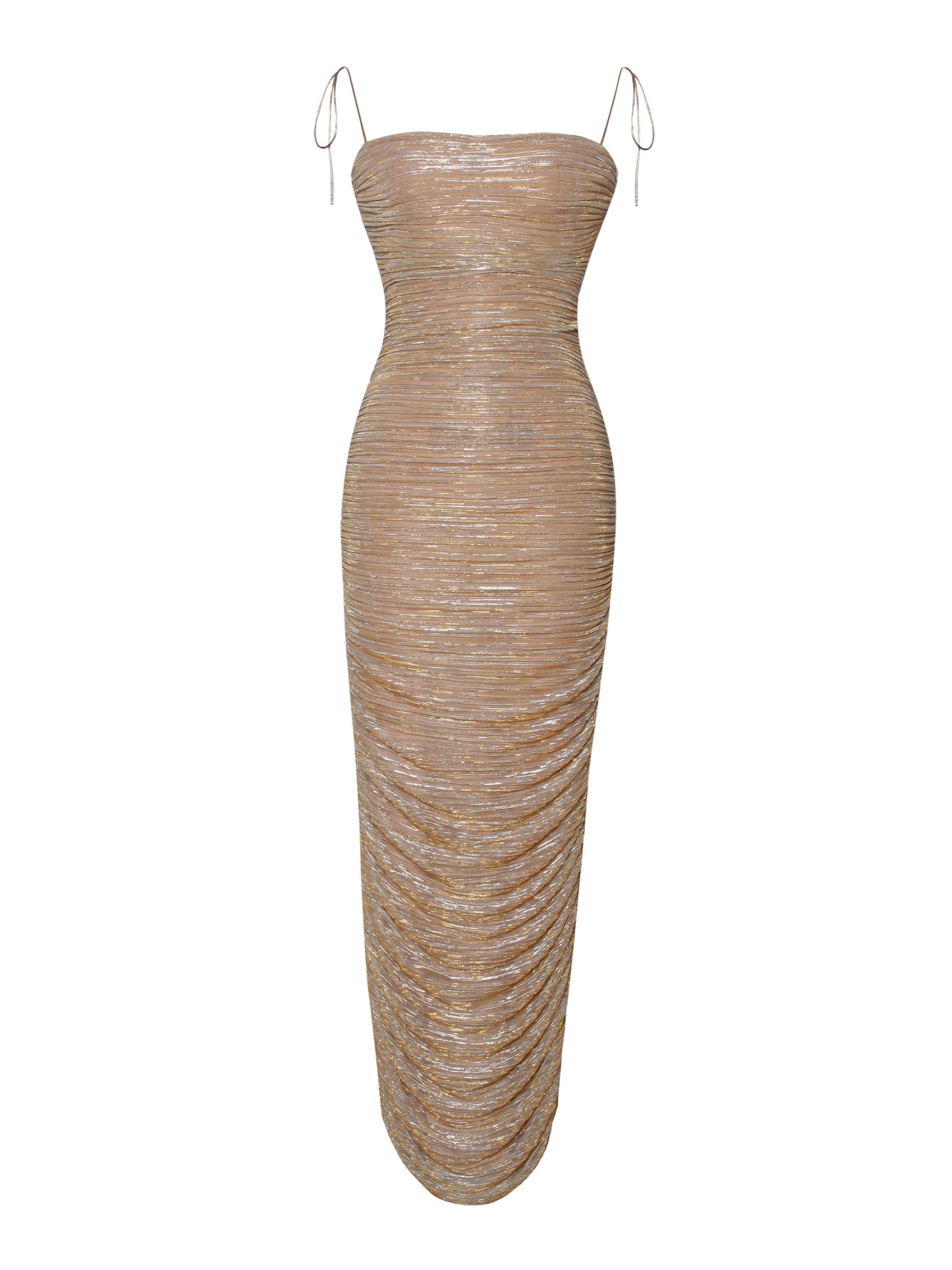 The Glint Gold Ruched Chiffon Long Maxi Dress