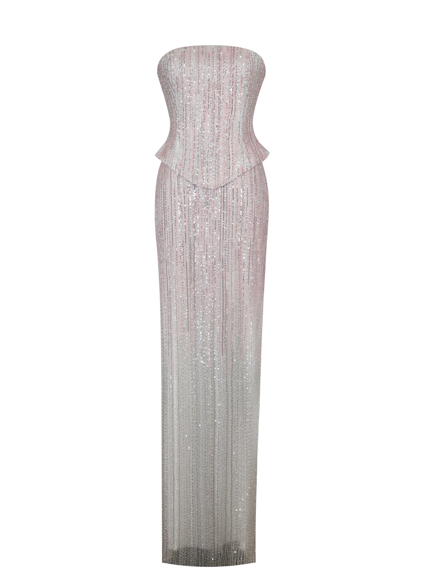Tosca Beaded Blush Gradient Strapless Peplum Maxi Dress