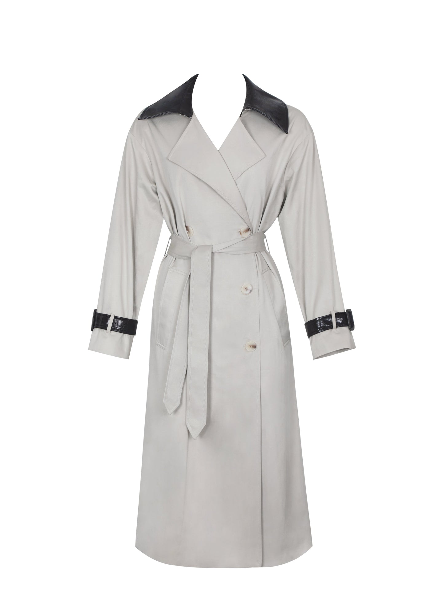 Umber Oyster Double-Breasted Faux Leather Lapel Trench Coat