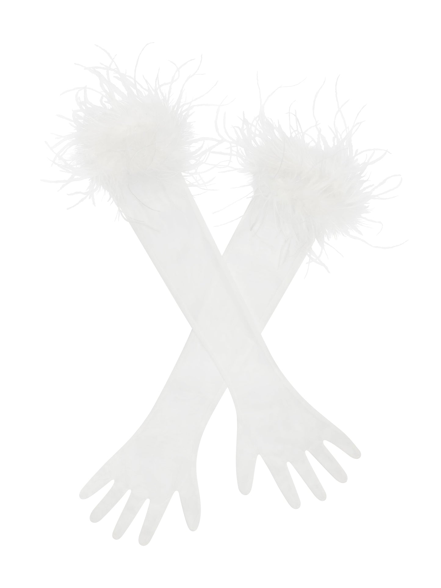 Quinn White Feather Trimmed Opera-Length Gloves