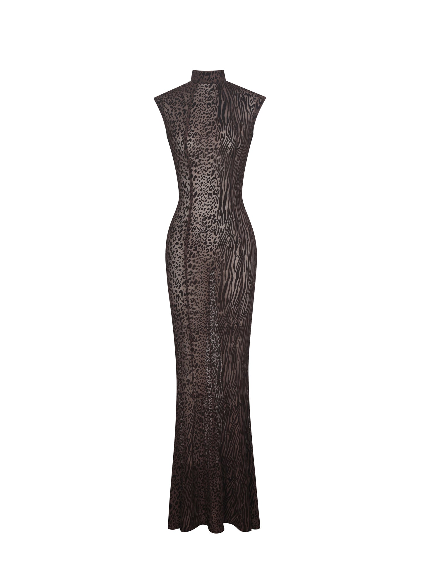 Tyanna Mocha Burnout Velvet Mesh Backless Mermaid Maxi Dress