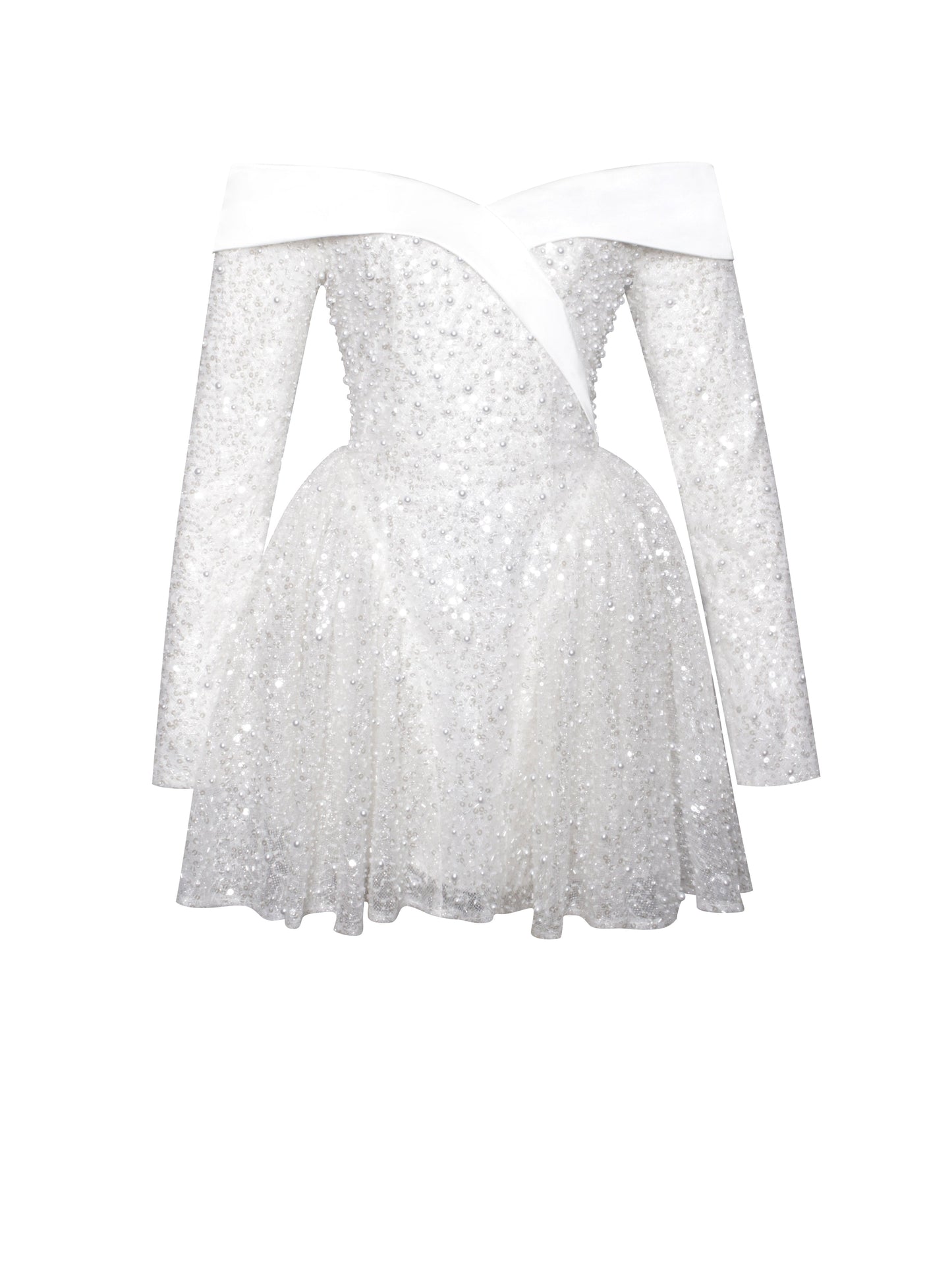 Kira Bead Embroidered Mesh Off Shoulder Long Sleeve Mini Dress