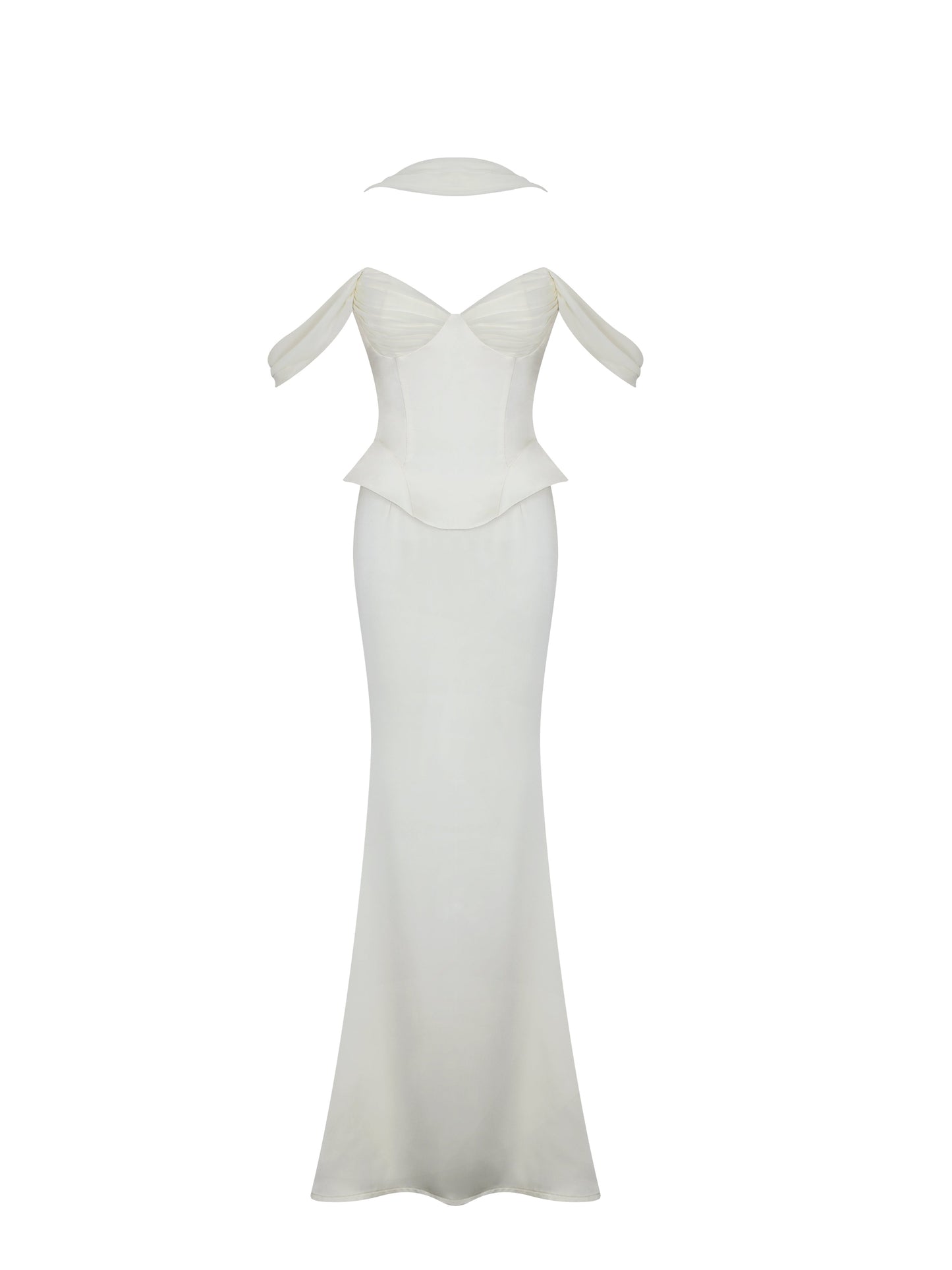 Jessalyn Ivory Sweetheart Peplum Mermaid Wedding Dress with Chiffon Scarf