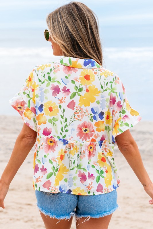 Liberty Floral Boxy Fit Ruffled Short Sleeve V Nec