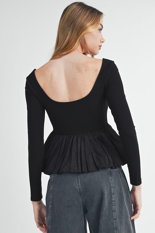 Knit Long Sleeve Scoop Neck Peplum Patchwork Top