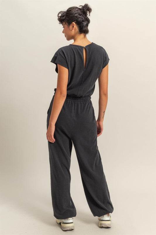 HYFVE Back Keyhole Round Neck Cap Sleeve Drawstring Jumpsuit