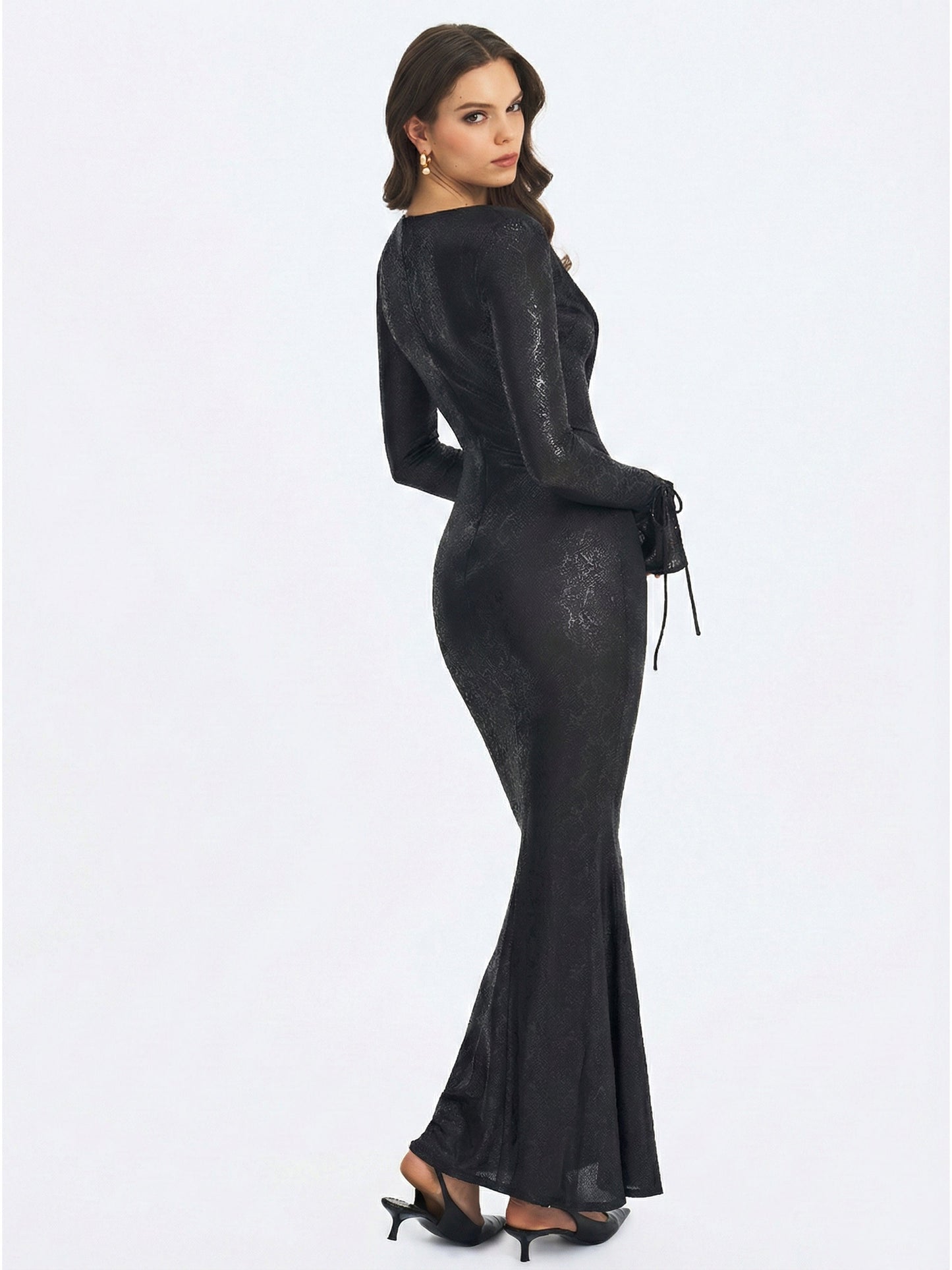Ilysia Black V-Neck Plunge Snakeskin Mermaid Hem Maxi Dress