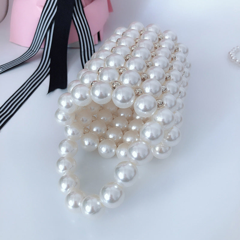 Hand Woven Imitation Pearl Handbag Stylish round Women Bucket Bag Hand Held Hollow Out Cutout Pen Holder Bag