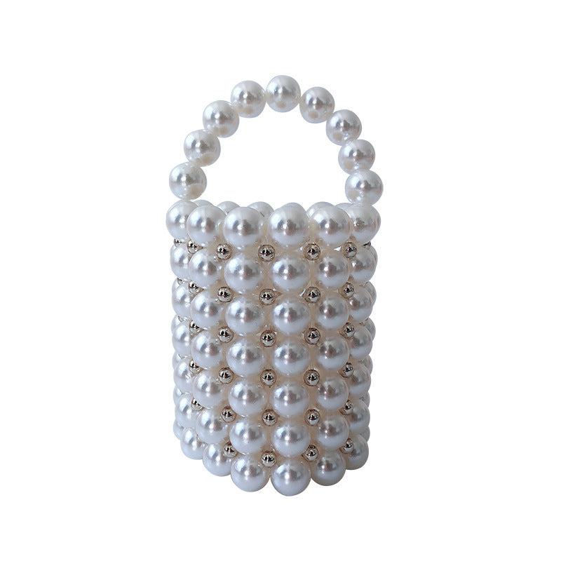 Hand Woven Imitation Pearl Handbag Stylish round Women Bucket Bag Hand Held Hollow Out Cutout Pen Holder Bag