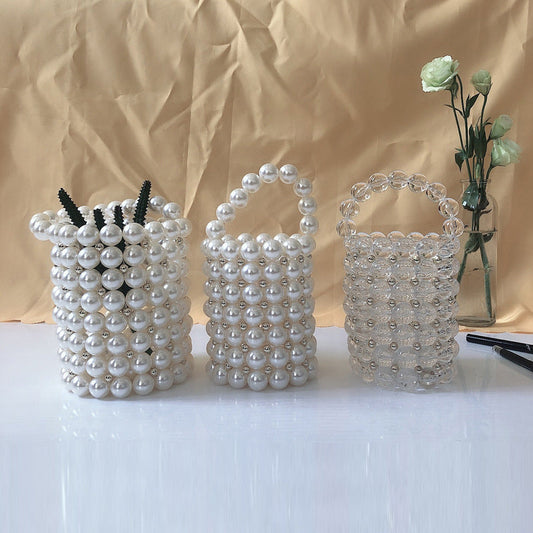 Hand Woven Imitation Pearl Handbag Stylish round Women Bucket Bag Hand Held Hollow Out Cutout Pen Holder Bag