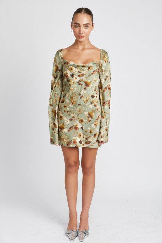 FLORAL LONG SLEEVE MINI DRESS WITH OPEN BACK