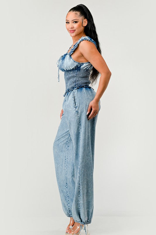 Chambray Charm Ruffled Jumpsuit