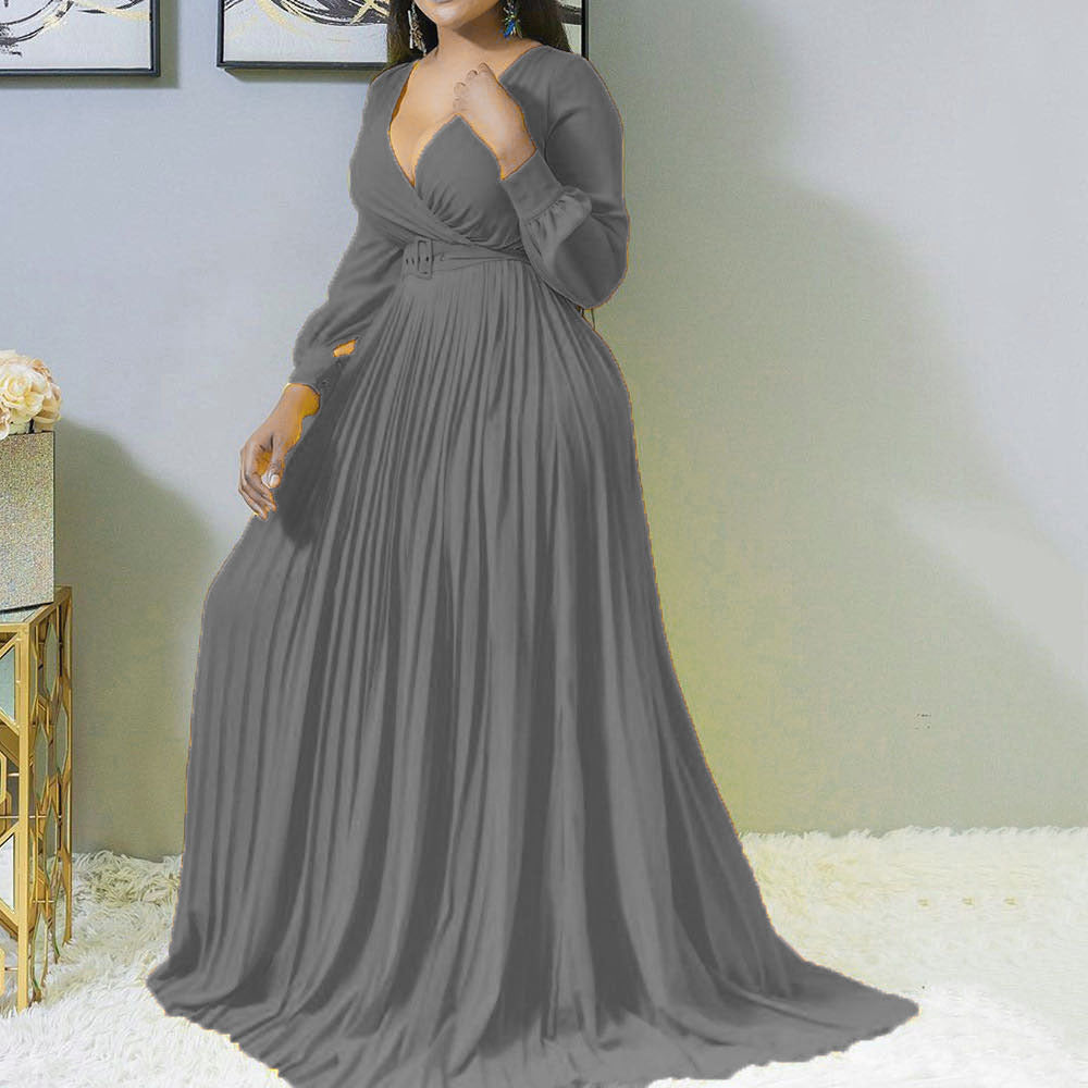 Women Deep V Plunge Cross Gathers Front Chest Lower Solid Color Pleated Puffy Dress No Belt