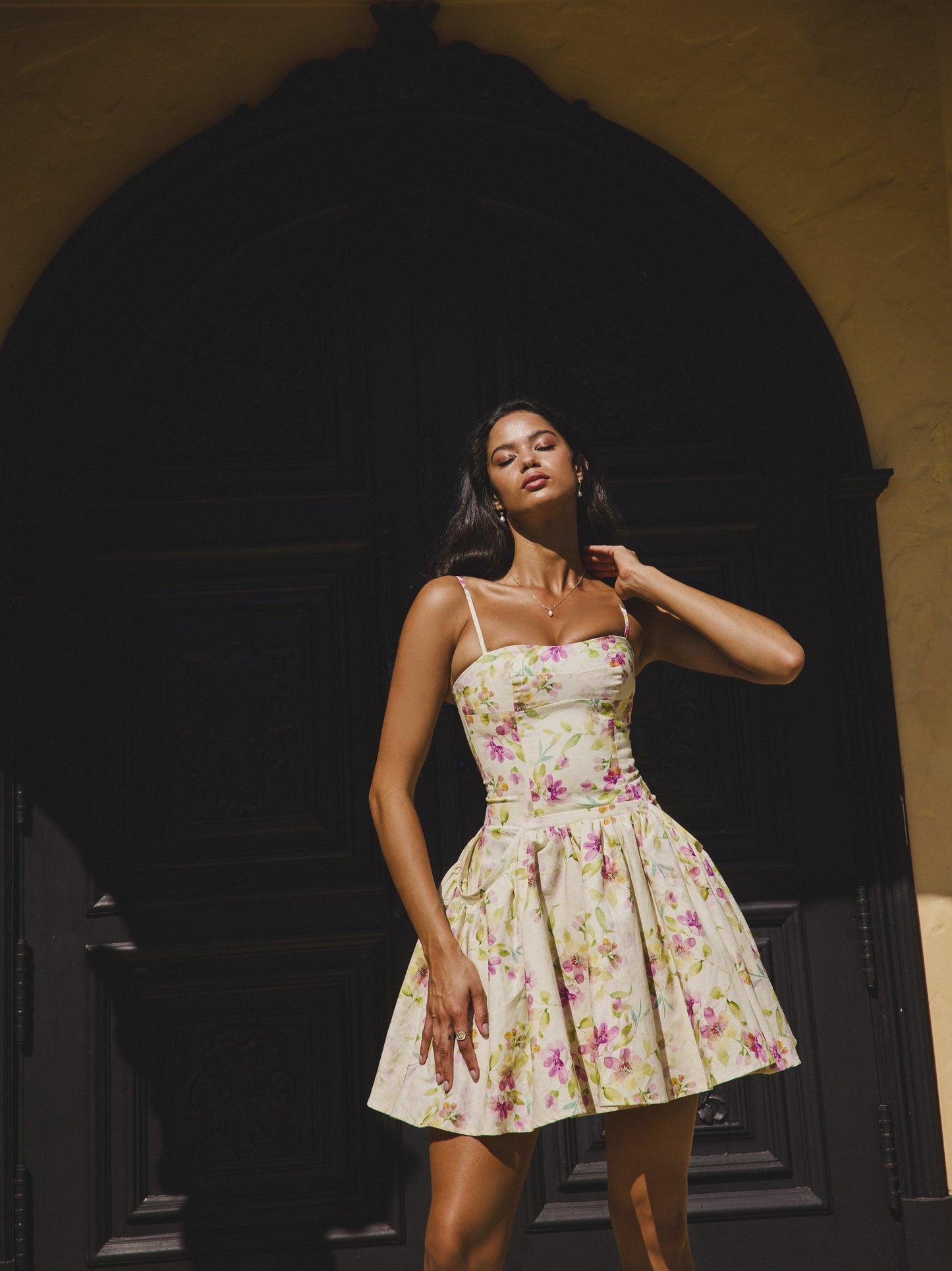 Valda Yellow and Pink Print Linen Mini Dress with Pockets