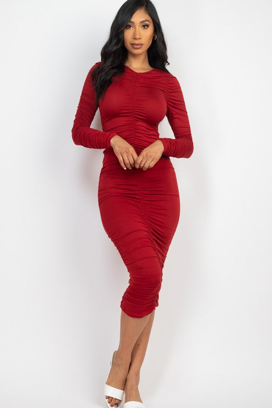 Ruched Long Sleeve Midi Dress