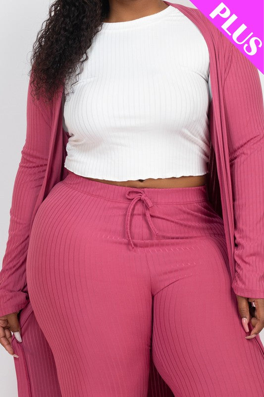 Plus Size Ribbed Long Cardigan & Leggings Set