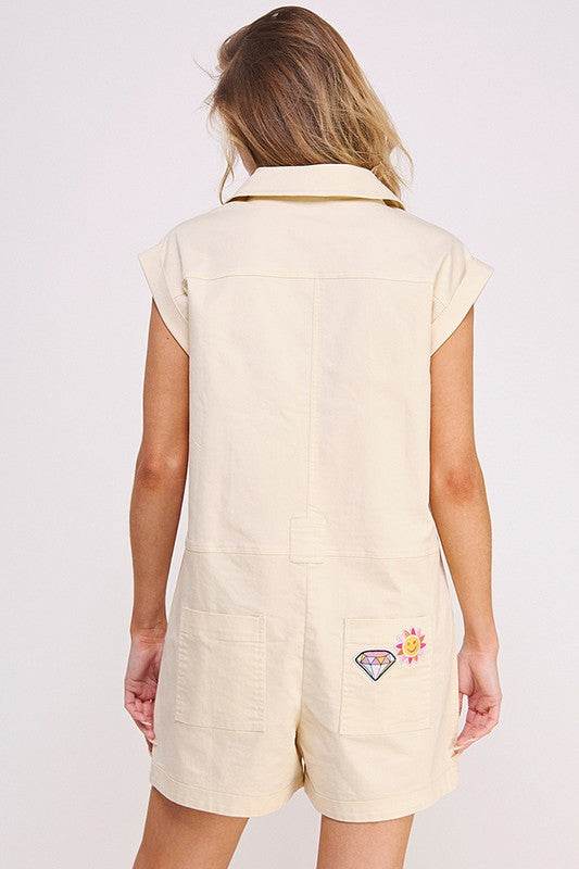 COTTON TWILL UTILITY ROMPER W/ PATCHWORK DETAIL