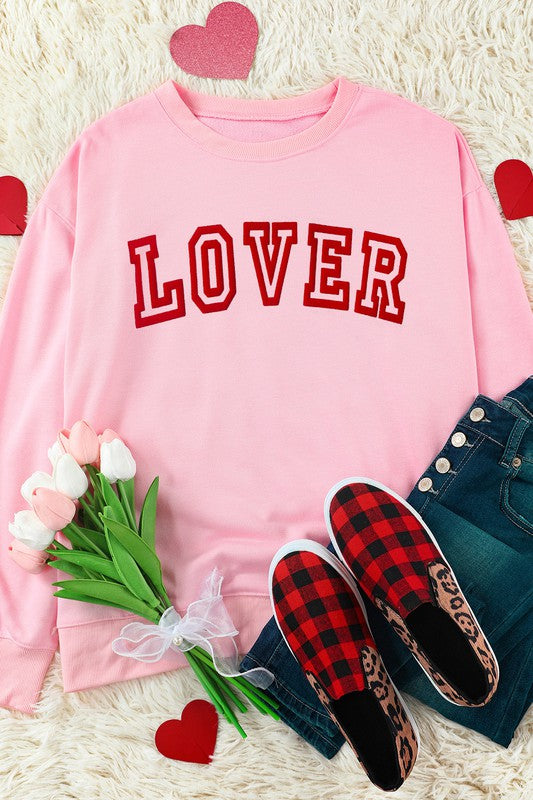 Pink LOVER Puff Drop Shoulder Pullover Sweatshirt