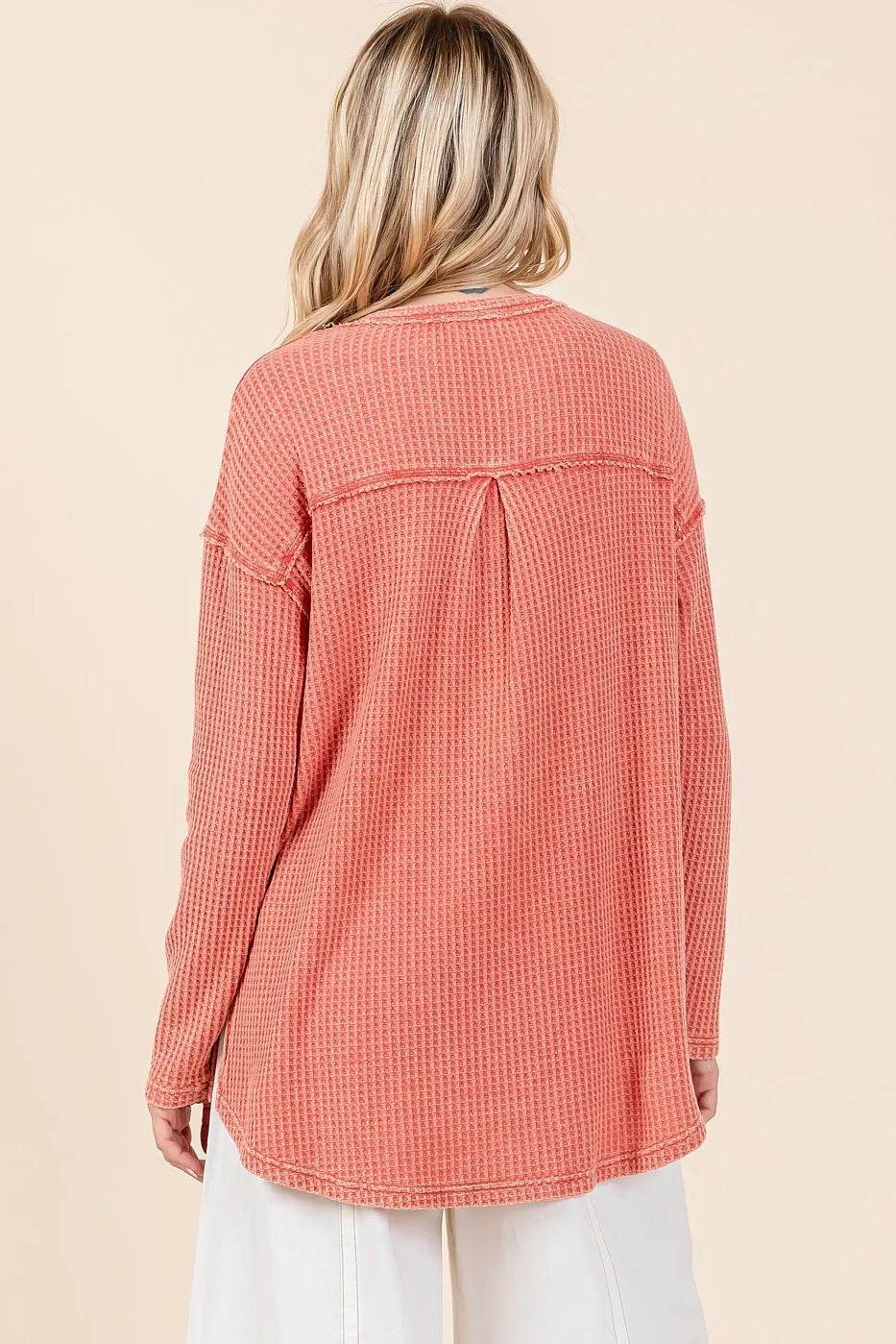Mittoshop Mineral Wash Waffle Knit V-Neck Long Sleeve Top