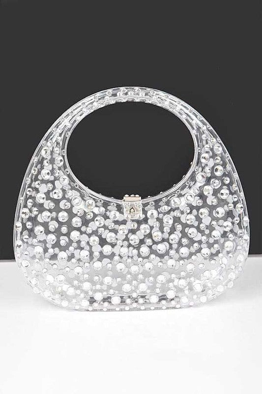 Rhinestone Cleared Top Handle Box Clutch