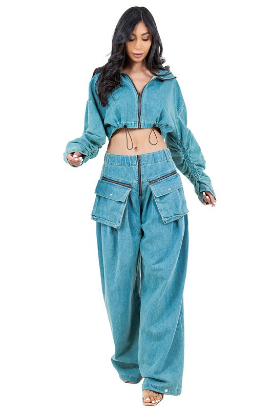 FAHION DENIM TWO PIECE PANT SET