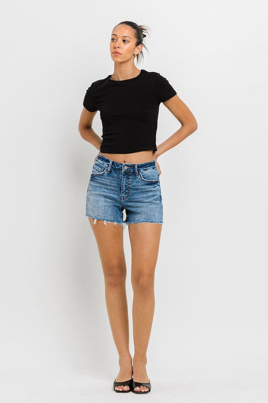 High Rise Raw Hem Denim Shorts