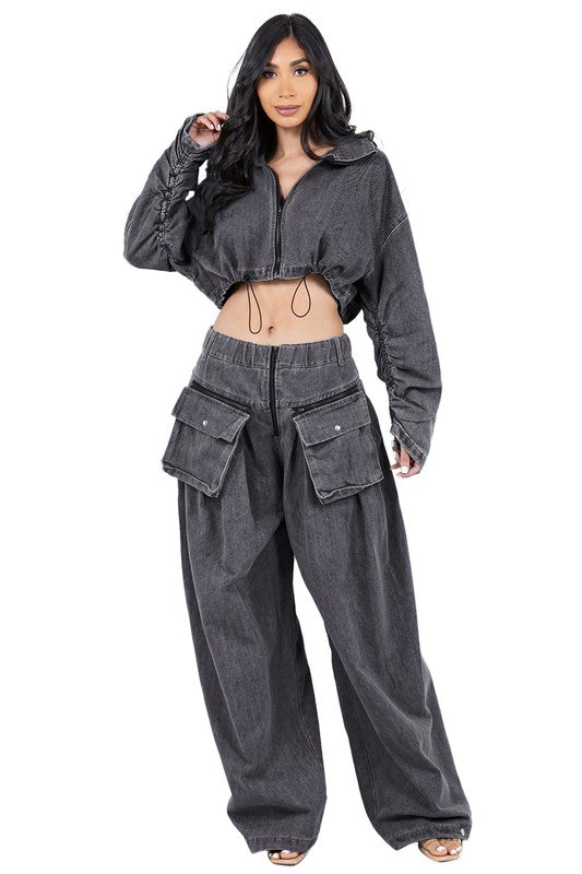 FAHION DENIM TWO PIECE PANT SET