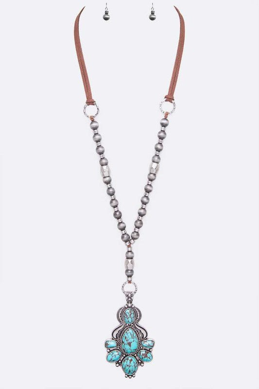 Western Stone Pendant Long Necklace Set