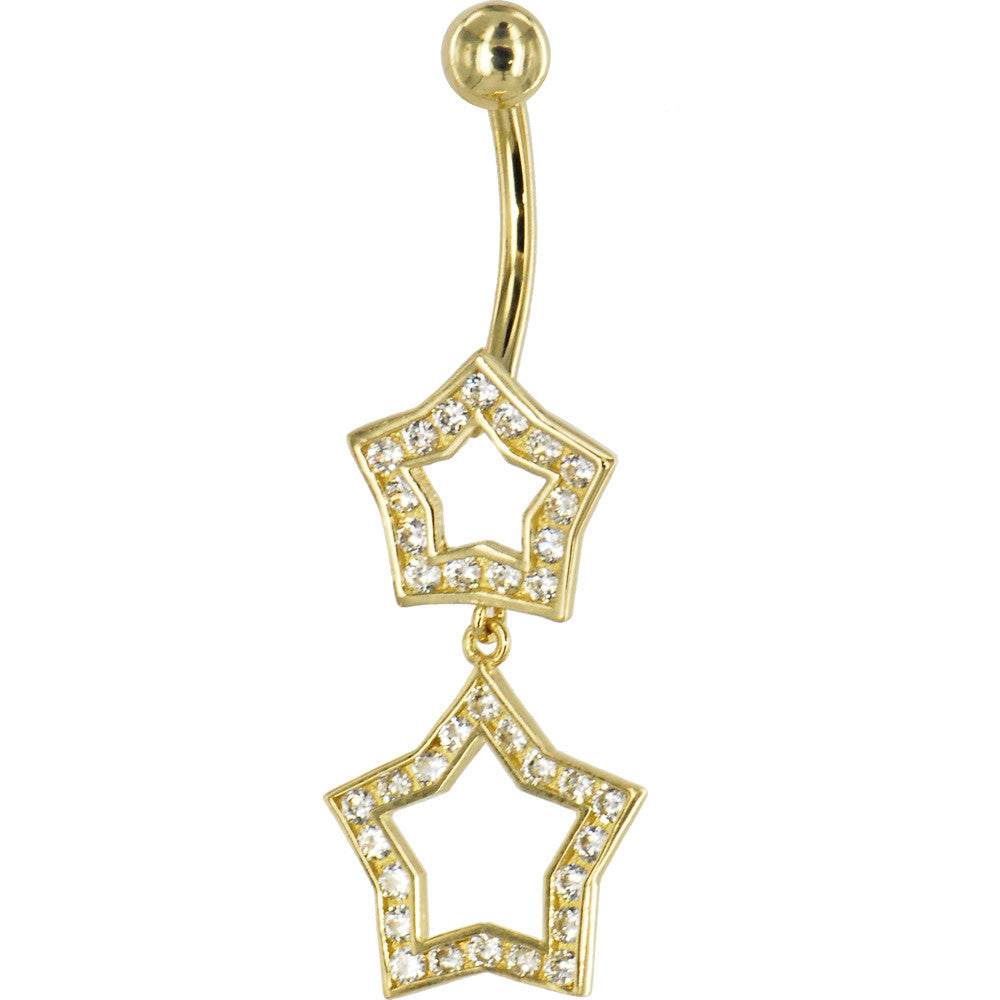 16G Solid 14k Yellow Gold Cubic Zirconia Coupled Star Belly Ring