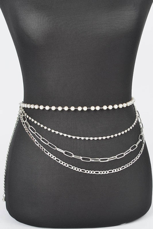 Plus Size Rhinestone Pearl Layered Chain Belt