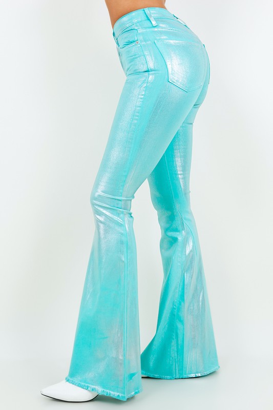 Metallic Bell Bottom Jean in Turquoise