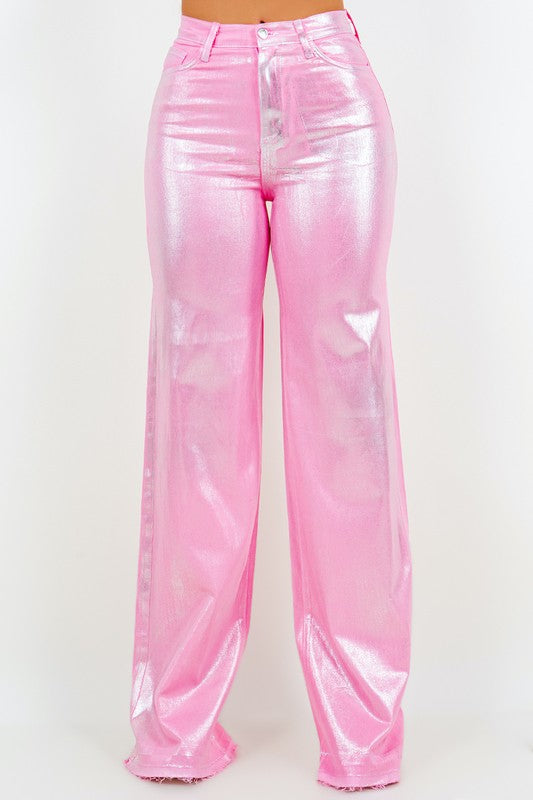 Metallic Wide Leg Jean in Pink