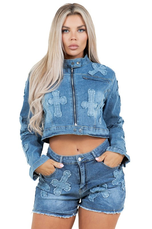 FASHION DENIM TWO PIECE SHOTR SET