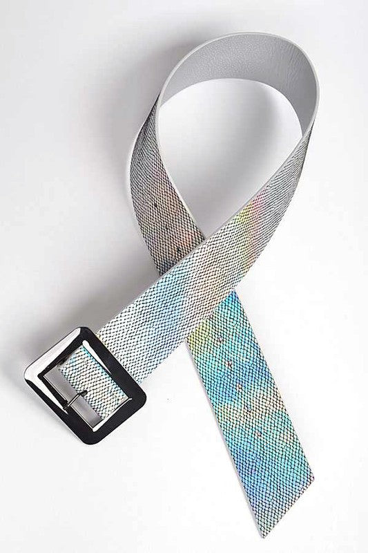 Holographic Snake Print Square Buckle Belt