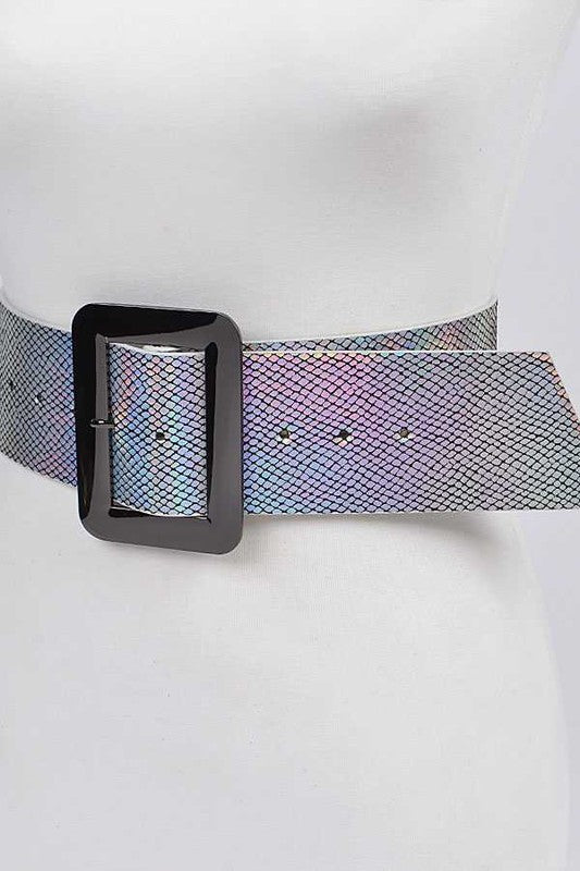 Holographic Snake Print Square Buckle Belt