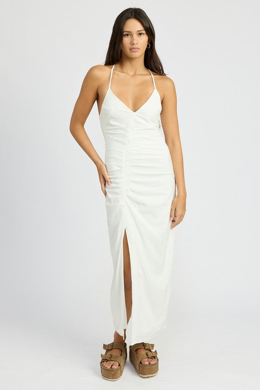 RUCHED SATIN DRESS WITH CROSSED BACK