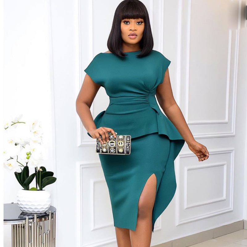 Autumn Sexy Backless High Waist Slimming Slit Irregular Asymmetric Ruffled plus Size Dress for Women Dress