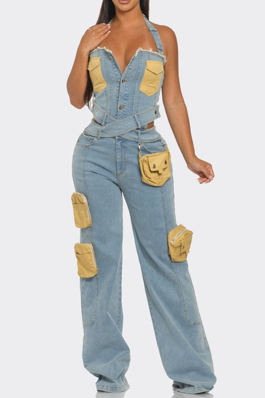 Dual-Tone Utility Denim Jumpsuit