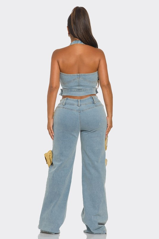 Dual-Tone Utility Denim Jumpsuit