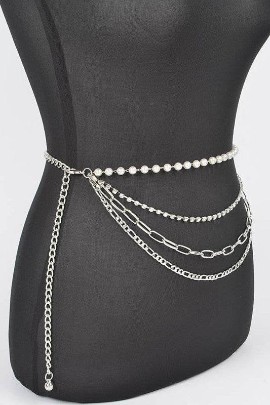 PLUS SIZE RHINESTONE PEARL STATION CHAIN BELT