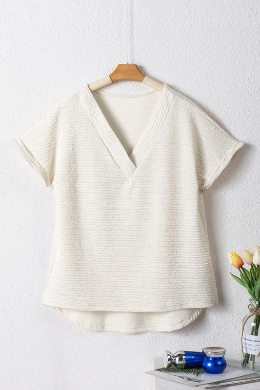 Women Textured Wide Sleeve V Neck T Shirt