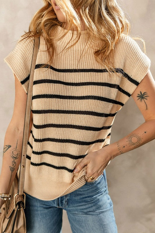 Women Striped Ribbed Knit High Neck Sweater