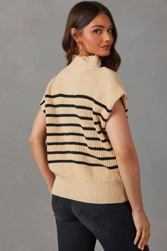 Women Striped Ribbed Knit High Neck Sweater