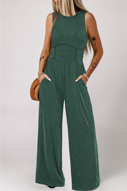 Women Cinched Waist Sleeveless Wide Leg Jumpsuit