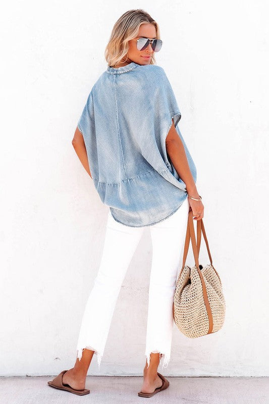 Women Sky Blue Split V Neck Oversized Denim Blouse