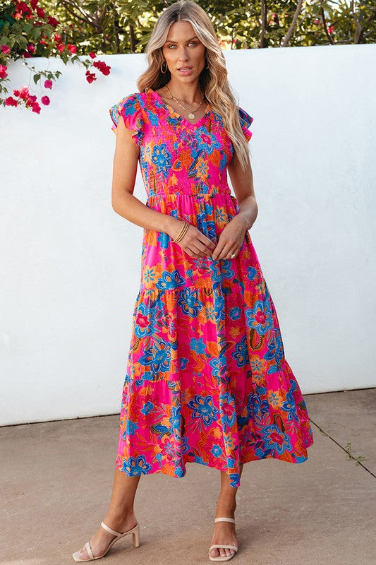 Women Boho Floral V Neck Ruffle Tiered Long Dress