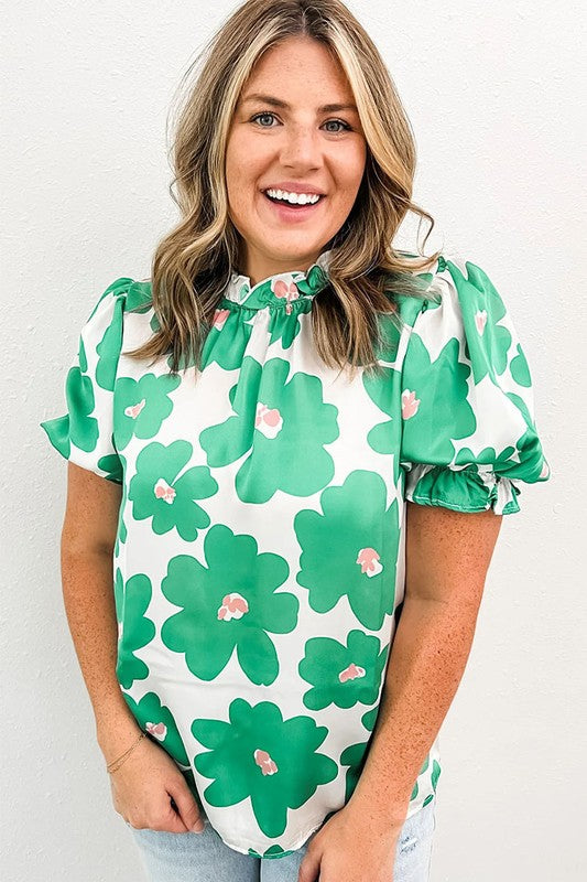 Women Floral Puff Sleeve Frill Neckline Blouse