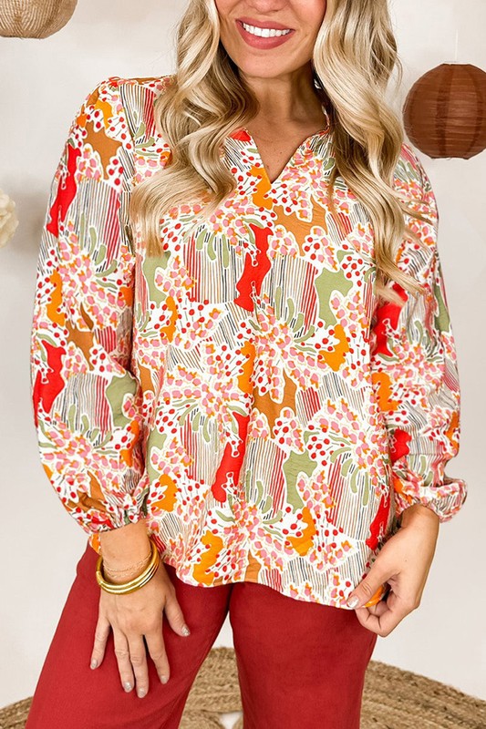 Women Printed Split V Neck Puff Sleeve Blouse