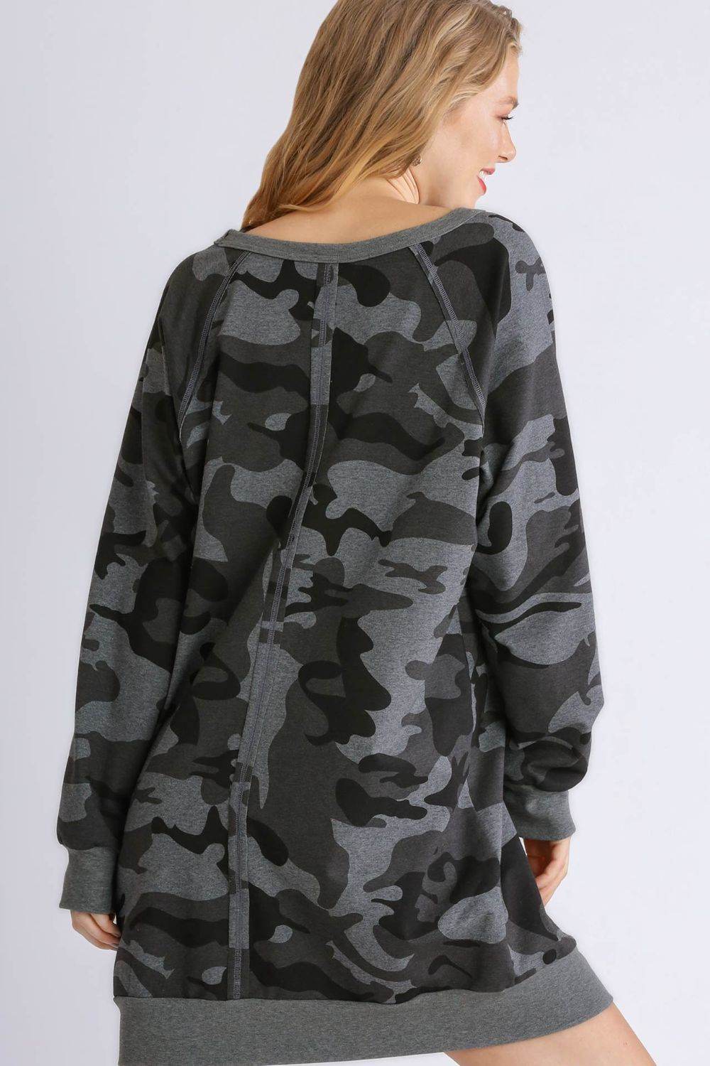 Umgee Full Size Camo Print Ribbed Hem French Terry Mini Dress Plus Size