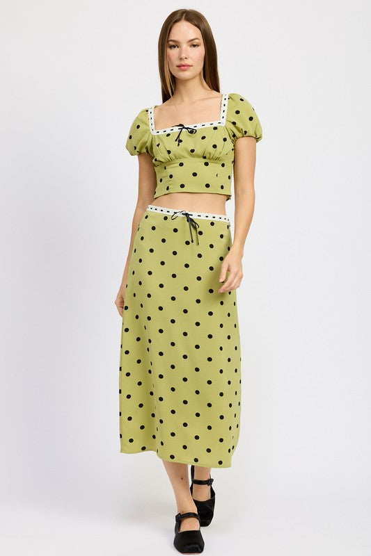 POLKA DOT MIDI SKIRT WITH LACE TRIM